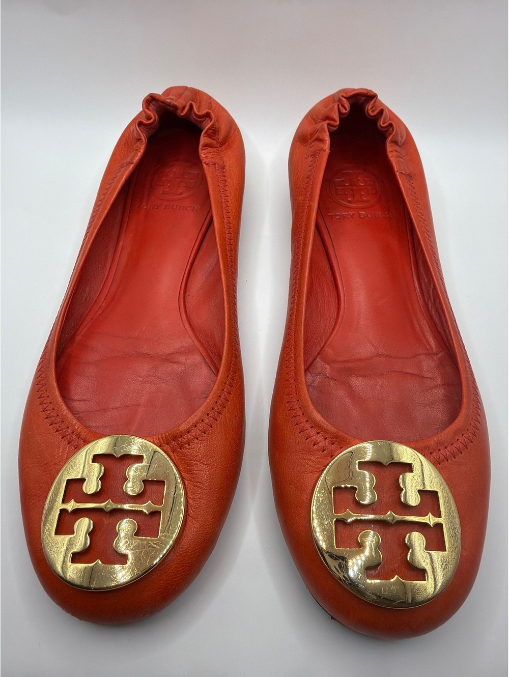 Tory Burch Orange Leather Ballet Flats with Gold Logo Size 6.5